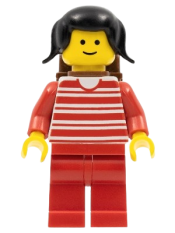 LEGO Horizontal Lines Red - Red Arms - Red Legs, Black Pigtails Hair, Brown Backpack minifigure