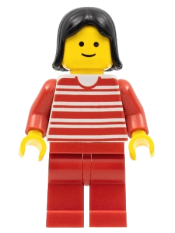 LEGO Horizontal Lines Red - Red Arms - Red Legs, Black Female Hair minifigure