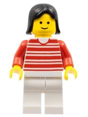 LEGO Horizontal Lines Red - Red Arms - White Legs, Black Female Hair minifigure