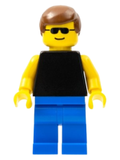 LEGO Plain Black Torso with Yellow Arms, Blue Legs, Sunglasses, Brown Male Hair minifigure