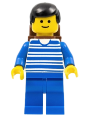 LEGO Horizontal Lines Blue - Blue Arms - Blue Legs, Black Male Hair, Brown Backpack minifigure