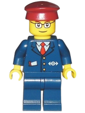 LEGO Dark Blue Suit with Train Logo, Dark Blue Legs, Dark Red Hat, Rectangular Glasses - Passenger Train Engineer minifigure