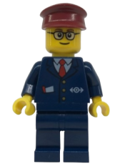 LEGO Dark Blue Suit with Train Logo, Dark Blue Legs, Dark Red Hat, Rounded Glasses - Tram Driver minifigure