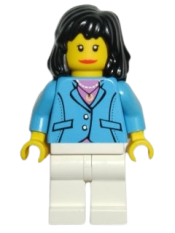 LEGO Medium Blue Jacket, White Legs, Black Mid-Length Female Hair minifigure