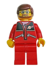 LEGO Red Jacket with Zipper Pockets and Classic Space Logo, Red Legs, Reddish Brown Male Hair minifigure