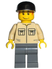 LEGO Shirt with 2 Pockets No Collar, Dark Bluish Gray Legs, Black Cap minifigure