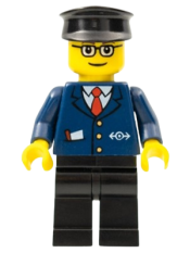 LEGO Dark Blue Suit with Train Logo, Black Legs, Brown Eyebrows, Black Hat minifigure
