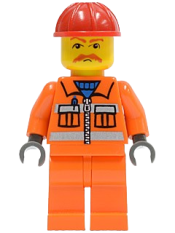 LEGO Orange Vest with Safety Stripes - Orange Legs, Red Construction Helmet, Brown Moustache, Dark Bluish Gray Hands minifigure