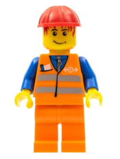 LEGO Orange Vest with Safety Stripes - Orange Legs, Red Construction Helmet, Red Bangs minifigure