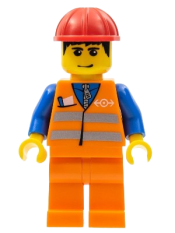 LEGO Orange Vest with Safety Stripes - Orange Legs, Red Construction Helmet, Black Hair, Eyebrows, and Smirk minifigure