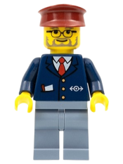 LEGO Dark Blue Suit with Train Logo, Sand Blue Legs, Dark Red Hat - Conductor minifigure