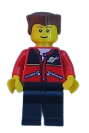 LEGO Red Jacket with Zipper Pockets and Classic Space Logo, Black Legs, Reddish Brown Flat Top Hair minifigure
