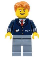 LEGO Dark Blue Suit with Train Logo, Sand Blue Legs, Dark Orange Hair - Conductor minifigure