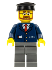 LEGO Dark Blue Suit with Train Logo, Dark Bluish Gray Legs, Black Hat, Beard and Glasses minifigure