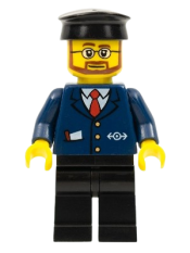 LEGO Dark Blue Suit with Train Logo, Black Legs, Black Hat, Beard and Glasses minifigure