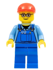 LEGO Overalls with Tools in Pocket, Blue Legs, Red Short Bill Cap, Glasses with Brown Thin Eyebrows minifigure