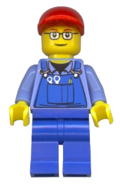 LEGO Overalls with Tools in Pocket, Blue Legs, Red Short Bill Cap, Glasses with Red Thin Eyebrows minifigure