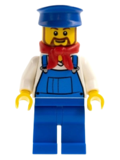 LEGO Overalls Blue over V-Neck Shirt, Blue Legs, Blue Hat, Brown Beard Rounded - Cargo Train Driver minifigure