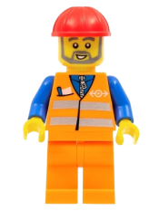 LEGO Orange Vest with Safety Stripes - Orange Legs, Red Construction Helmet, Gray Beard minifigure