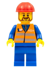 LEGO Orange Vest with Safety Stripes - Blue Legs, Red Construction Helmet, Brown Beard Rounded minifigure