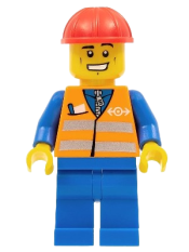 LEGO Orange Vest with Safety Stripes - Blue Legs, Cheek Lines and Wide Grin, Red Construction Helmet minifigure