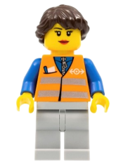 LEGO Orange Vest with Safety Stripes - Light Bluish Gray Legs, Dark Brown Hair Ponytail Long French Braided minifigure