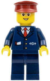 LEGO Steward - Dark Blue Suit with Train Logo, Dark Blue Legs, Dark Red Hat, Glasses minifigure