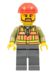LEGO Light Orange Safety Vest, Dark Bluish Gray Legs, Red Construction Helmet, Brown Beard minifigure
