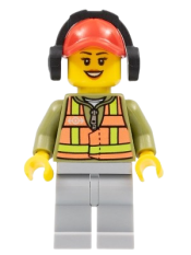 LEGO Light Orange Safety Vest, Light Bluish Gray Legs, Red Cap with Hole, Headphones, Peach Lips minifigure