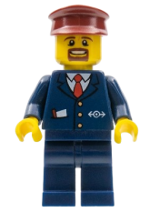 LEGO Dark Blue Suit with Train Logo, Dark Blue Legs, Dark Red Hat, Brown Moustache and Goatee minifigure