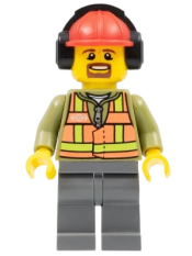 LEGO Light Orange Safety Vest, Dark Bluish Gray Legs, Red Construction Helmet with Headset, Brown Moustache and Goatee minifigure