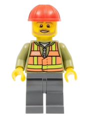 LEGO Light Orange Safety Vest, Dark Bluish Gray Legs, Red Construction Helmet, Beard Light Brown Angular minifigure