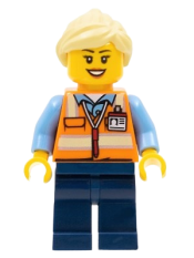 LEGO Train Worker - Female, Orange Safety Vest with Badge, Dark Blue Legs, Bright Light Yellow Ponytail and Swept Sideways Fringe minifigure