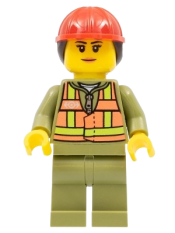 LEGO Train Worker - Female, Orange Safety Vest with Lime Straps, Olive Green Legs, Red Construction Helmet with Ponytail minifigure