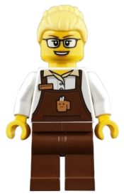 LEGO Female with Reddish Brown Apron with Cup and Name Tag Pattern, Bright Light Yellow Hair Female Large High Bun, Glasses minifigure