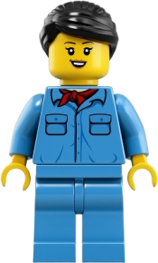 LEGO Train Worker - Female, Black Hair, Medium Blue Shirt with Red Bandana, Medium Blue Legs minifigure