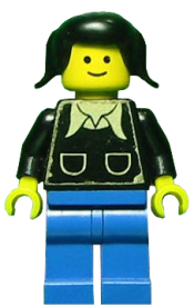 LEGO Patron - Black Torso with Pockets and Collar (Torso Sticker), Blue Legs, Black Pigtails Hair minifigure