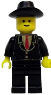 LEGO Patron - Black Suit with Two Buttons and Red Tie (Torso Sticker), Black Legs, Black Cowboy Hat minifigure