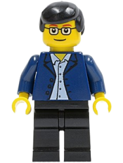 LEGO Dark Blue Jacket, Light Blue Shirt, Black Legs, Square Glasses, Black Male Hair minifigure