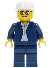 LEGO Dark Blue Jacket, Light Blue Shirt, Dark Blue Legs, Square Glasses, White Cap minifigure