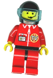 LEGO TV Logo in Globe on Red Jacket, Red Legs with Black Hips, Headset Pattern minifigure