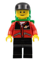 LEGO Red Jacket with Zipper Pockets and Classic Space Logo, Black Legs, Black Cap, Green Backpack with Sleeping Bag minifigure