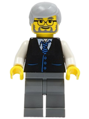 LEGO Black Vest with Blue Striped Tie, Dark Bluish Gray Legs, White Arms, Light Bluish Gray Male Hair, Glasses minifigure