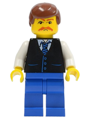 LEGO Black Vest with Blue Striped Tie, Blue Legs, White Arms, Reddish Brown Male Hair, Moustache minifigure