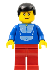 LEGO Jogging Suit, Red Legs, Black Male Hair, Wide Smile and Eyebrows minifigure