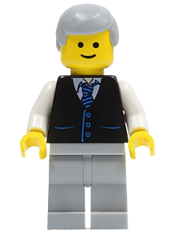 LEGO Black Vest with Blue Striped Tie, Light Bluish Gray Legs, White Arms, Light Bluish Gray Male Hair, Smile minifigure
