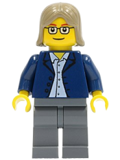 LEGO Dark Blue Jacket, Light Blue Shirt, Dark Bluish Gray Legs, Square Glasses, Dark Tan Female Hair minifigure