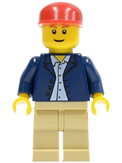 LEGO Dark Blue Jacket, Light Blue Shirt, Tan Legs, Red Long Bill Cap minifigure