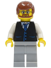 LEGO Black Vest with Blue Striped Tie, Light Bluish Gray Legs, White Arms, Reddish Brown Male Hair, Beard and Glasses minifigure