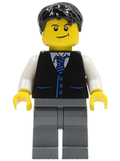 LEGO Black Vest with Blue Striped Tie, Dark Bluish Gray Legs, White Arms, Black Short Tousled Hair minifigure